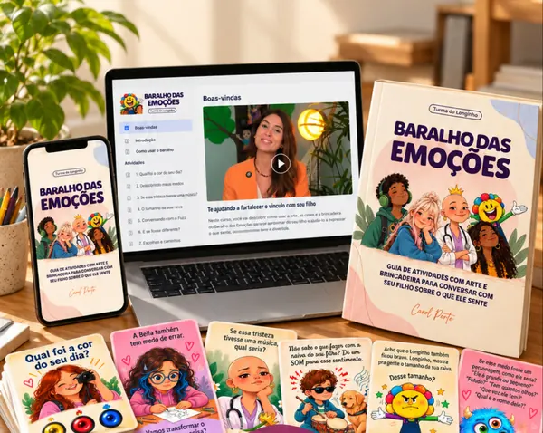 Baralho das Emoções no celular e no notebook, com o guia de atividades impresso e as cartas ilustradas