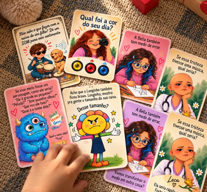 Cartas do Baralho das Emoções espalhadas sobre a mesa, com a mão de uma criança escolhendo uma delas